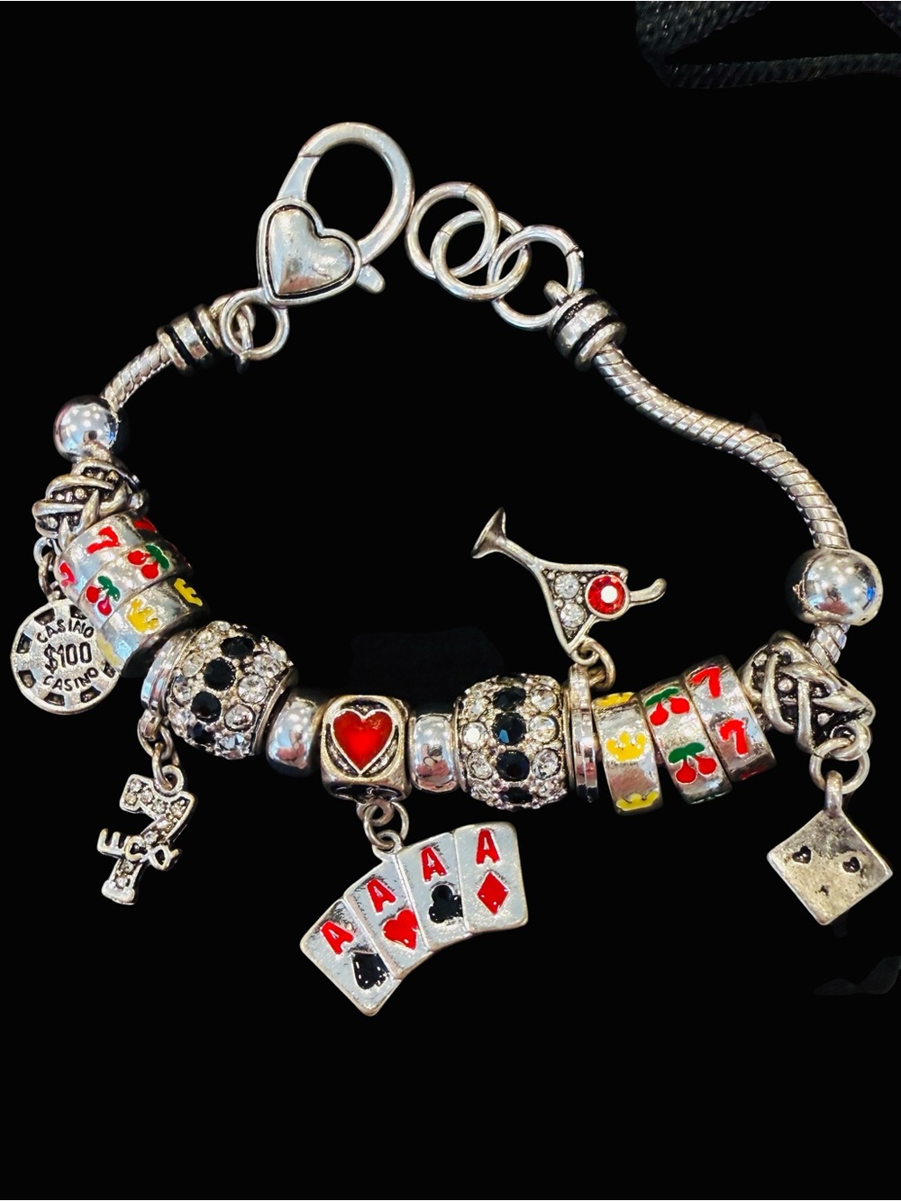 Lola Bella “4 Aces” Silver Tone Casino Charm Bracelet with Red and Black Accents